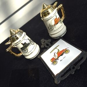 Vintage Car Themed salt & Pepper Shakers With Cast Iron & Tile Stand